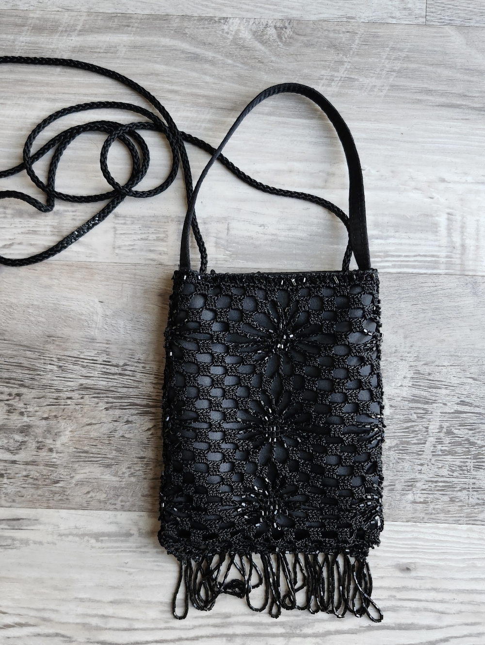 Vintage La Regale Black Beaded Fringe Crossbody Bag Boho Y2K